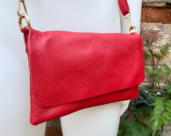 Small leather bag in RED. GENUINE leather bright red crossbody / shoulder bag. Red leather  purse with adjustable strap and zipper + flap