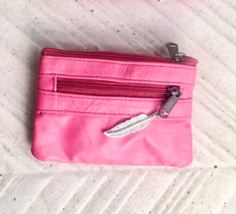 PINK coin purse in genuine leather, 3 zippers. Fits credit cards, coins, bills. Small leather wallet. Fuchsia, light , neon purple pink Medium pink