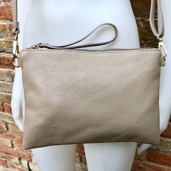 BEIGE small leather bag. GENUINE leather cross body or shoulder bag / wristlet. Dark beige bag + adjustable strap. Cafe au lait beige purse.