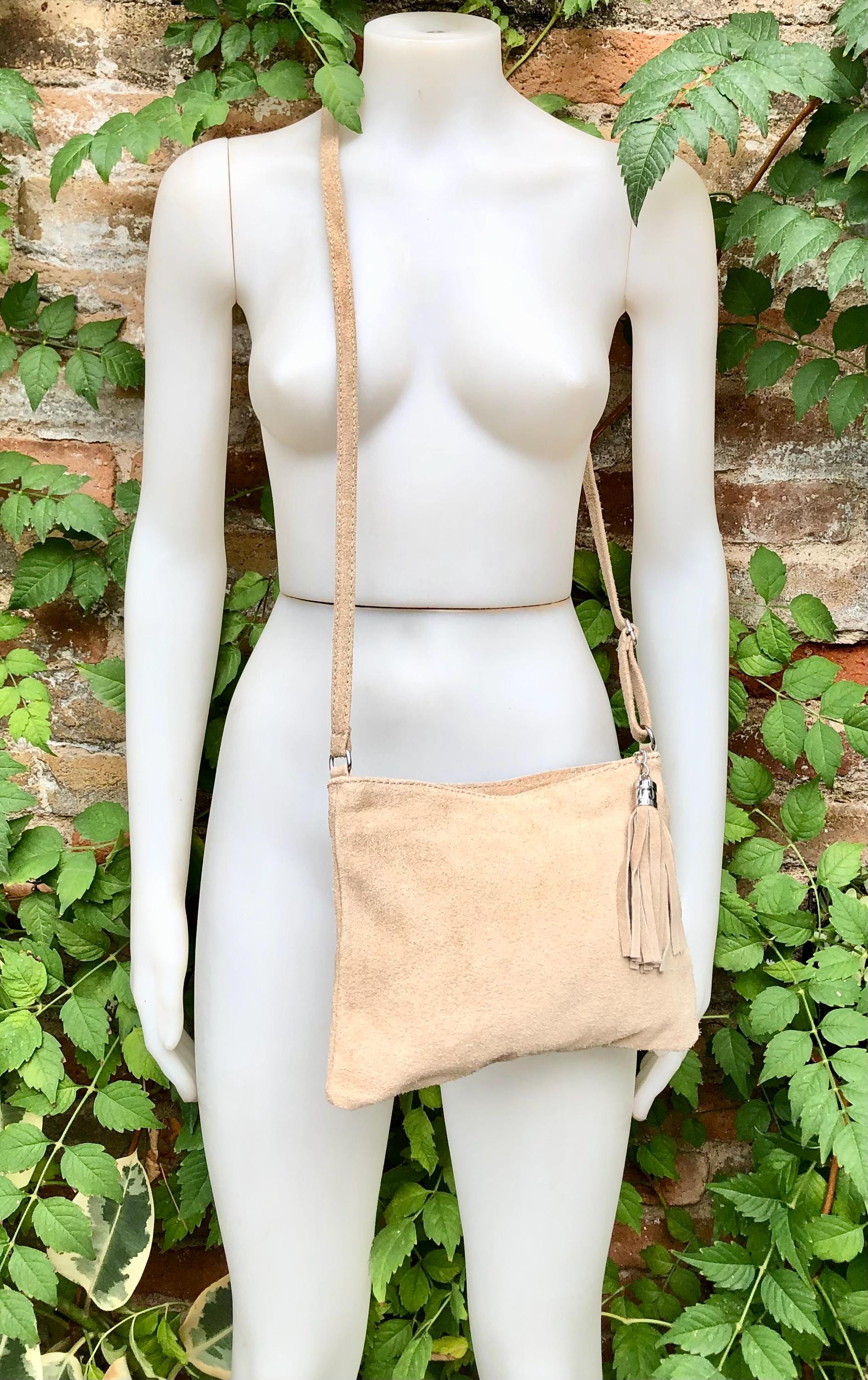 Light Beige Suede Leather Bag. GENUINE Leather Small