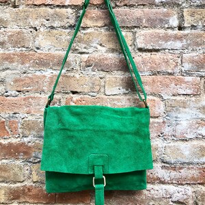 GREEN suede leather bag. Soft natural suede, genuine leather bag. Green messenger with zipper, flap and adjustable strap. image 5
