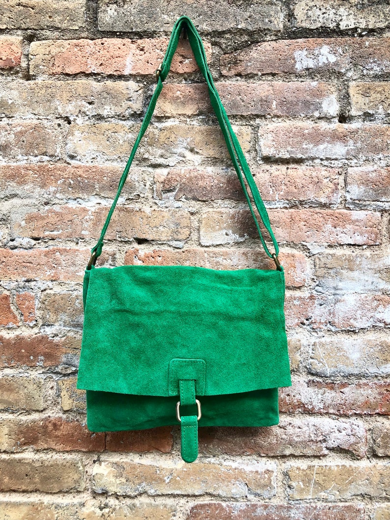 GREEN suede leather bag. Soft natural suede, genuine leather bag. Green messenger with zipper, flap and adjustable strap. image 5