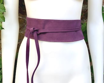 Purple Suede Wrap Obi Belt, Handmade Leather Dress Tie Belt  display picture 1