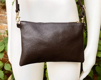 Small leather bag in dark brown. GENUINE leather crossbody / shoulder bag.Brown leather bag with GOLD hardware. Chocolate brown purse