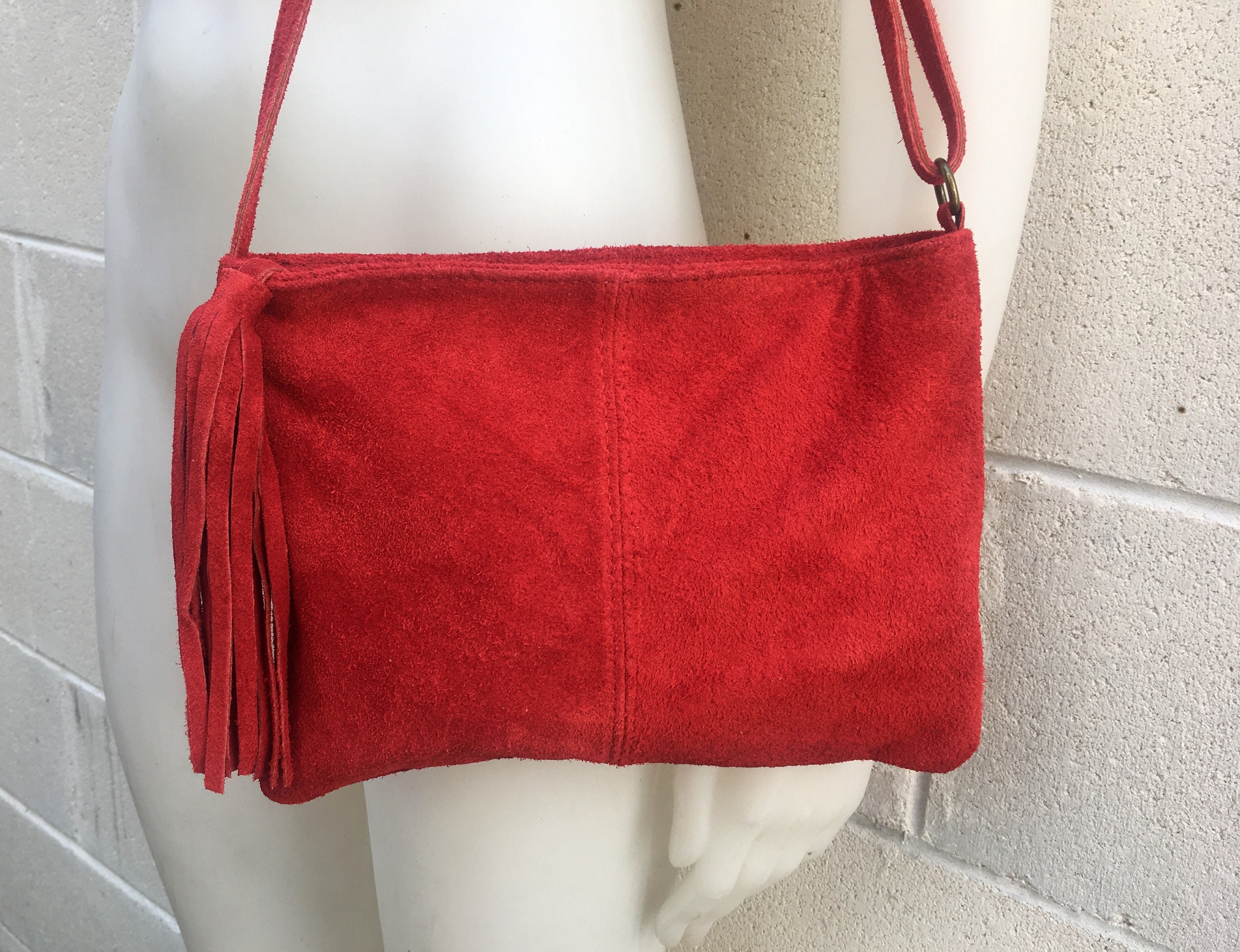 Suede leather bag in RED . Cross body bag, shoulder bag in GENUINE leather.  Small leather bags, bike bags,adjustable strap and zipper.