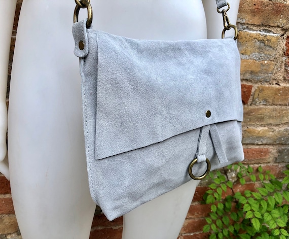 Light GRAY Cross Body Shoulder Bag. Soft Genuine Suede Leather Boho Bag. Messenger Bag in Grey Suede. Small Gray Suede Purse. Grey Suede Etsy