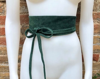 Dark GREEN suede OBI belt. Wrap belt in  natural soft  suede. Green waist belt, Wraparound  green belt . Genuine leather boho belt.