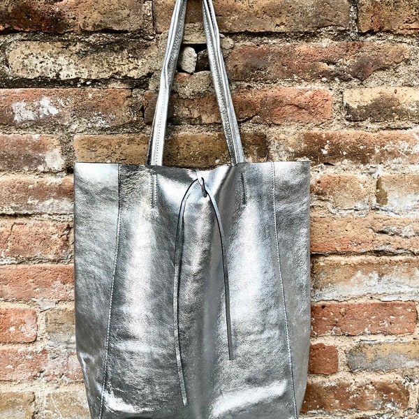 Tote leather bag in SILVER. GENUINE leather shopper. Large carry all bag for your laptop, books. Metallic leather purse.