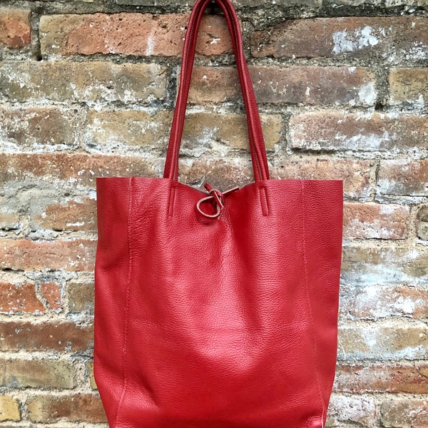 Large tote leather bag in m terracotta RED. Soft genuine  leather shopper. Laptop  or tablet carryall shoulder bag. Red leather purse