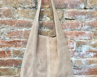 Large TOTE leather bag in  BEIGE with zipper.Beige slouch bag.  Soft natural suede leather bag. Boho bag. BEIGE suede bag.