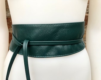 Obi belt in soft leather. Longer style. Wrap belt in TEAL blue - green.  Wraparound waist belt in genuine leather. Boho belt,  leather sash.