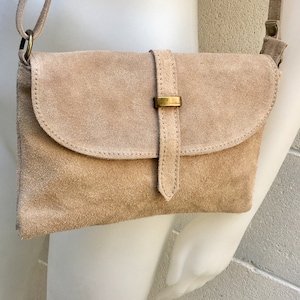 Suede leather bag in BEIGE . Crossbody bag in GENUINE  leather. Light brown  small leather bag with adjustable strap and zipper.