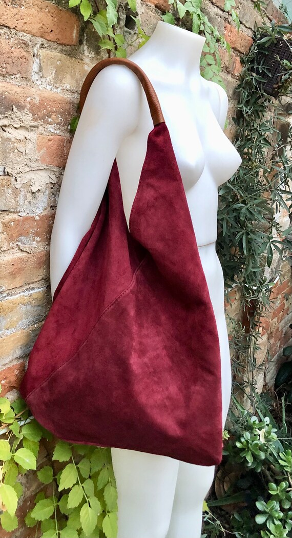 Slouch Leather Bag in BURGUNDY. Large Shoulder Leather Bag. Boho Bag. Laptop Bags in Suede. Origami Suede Leather Bag. WINE RED Suede Purse. Etsy