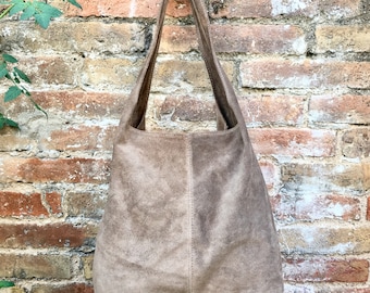 Slouch bag.Grote TOTE leren tas in taupe. Lichtbruin zacht natuurlijk suède leer. Boho-tas. Bruine suède portemonnee. Bruine shopper