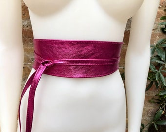 PINK OBI belt  in natural soft leather. Waist belt,wide magenta leather belt, metallic, wrap belt, fuchsia - hot pink boho wraparound belt