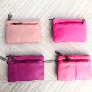 PINK coin purse in genuine leather, 3 zippers. Fits credit cards, coins, bills. Small leather wallet. Fuchsia, light , neon purple pink image 3