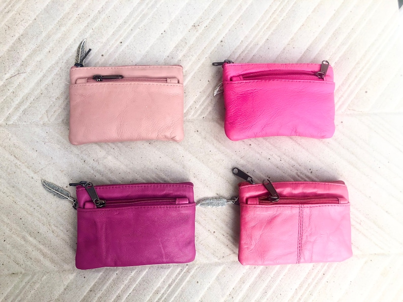 PINK coin purse in genuine leather, 3 zippers. Fits credit cards, coins, bills. Small leather wallet. Fuchsia, light , neon purple pink image 3