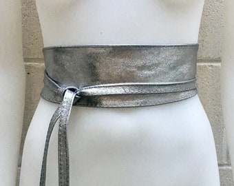 SILVER leather OBI belt. Wide waist belt in soft genuine leather. Metallic  shine wraparound belt, boho dress belt in silver color leather.