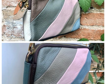 Petit sac en cuir véritable. Sac à bandoulière/sac à bandoulière/bracelet à 2 côtés. Sac à main bohème des années 70. Rose, bleu, marron avec sangle de guitare étroite