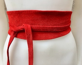 RED suede OBI belt in natural soft  suede,SASH, genuine leather waist belt, suede wrap belt in red, wraparound suede belt, bridesmaids belts