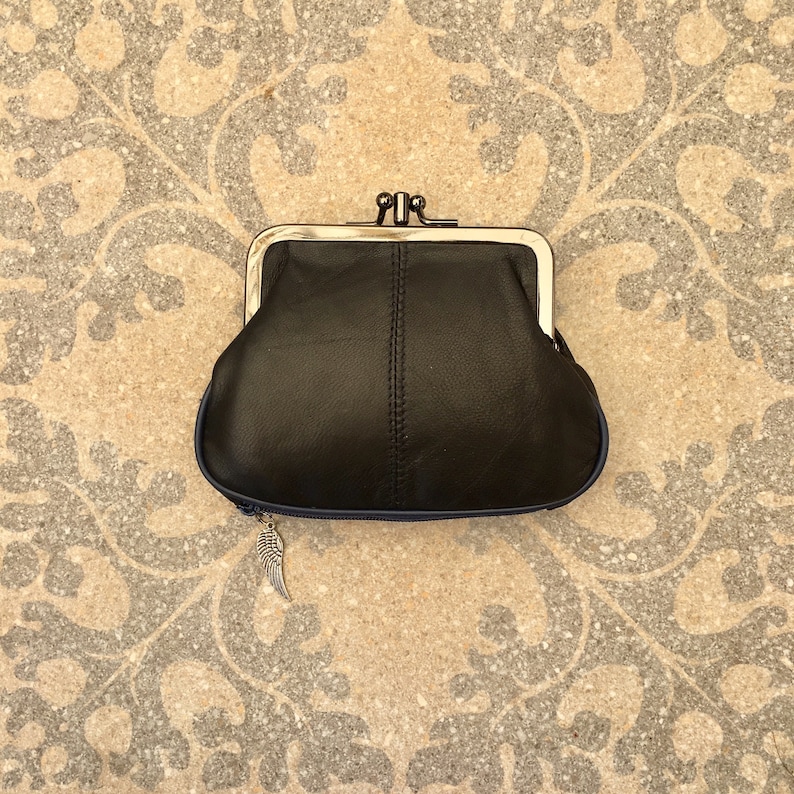 Kiss lock purse in DARK BROWN bills and a separate zipper for cards genuine leather BROWN purse Small vintage style wallet for coins