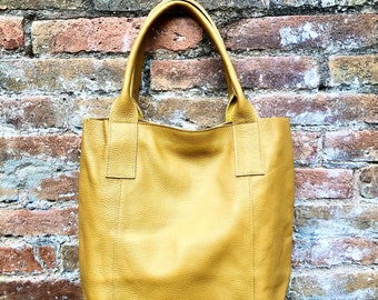 Tote leather bag in yellow. Genuine leather shopper. Large carry all bag for your laptop, books. Mustard yellow leather shoulder bag