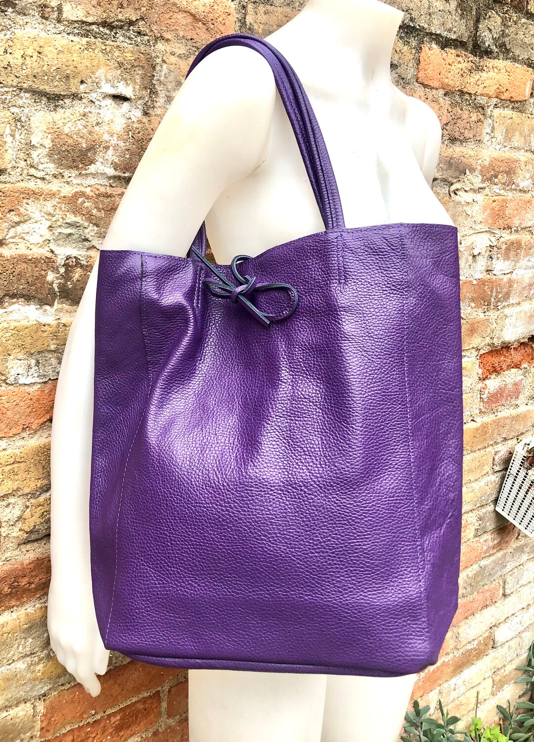 Tote Leather Bag in PURPLE. Soft Natural GENUINE Leather Bag. Large