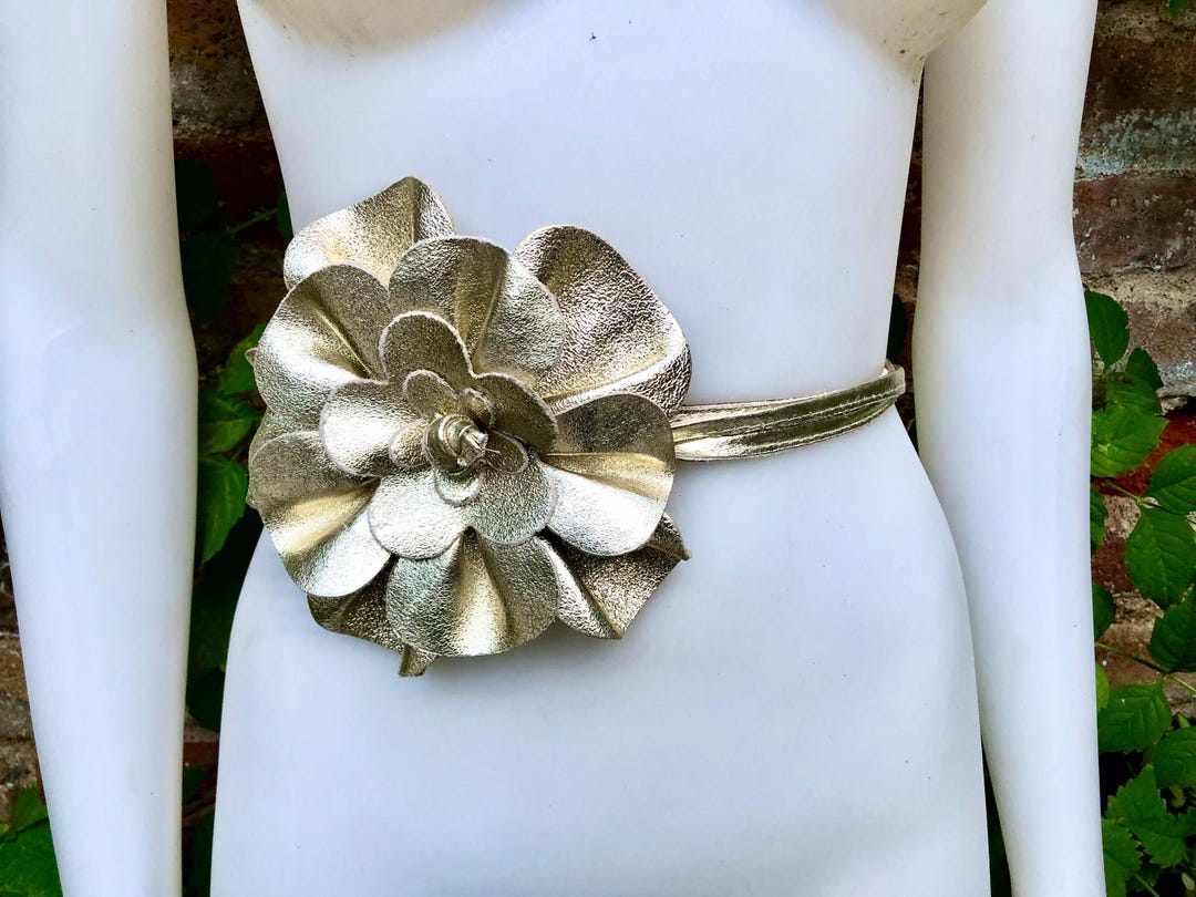 New! Gold Flower Leather Statement Cord Belt New Metal Flower Cord Belt – sunfere main image 3