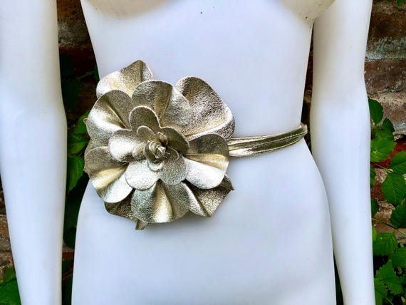 Flower Leather Belt in GOLD. Waist, Overall or Dress Belt  display picture 1