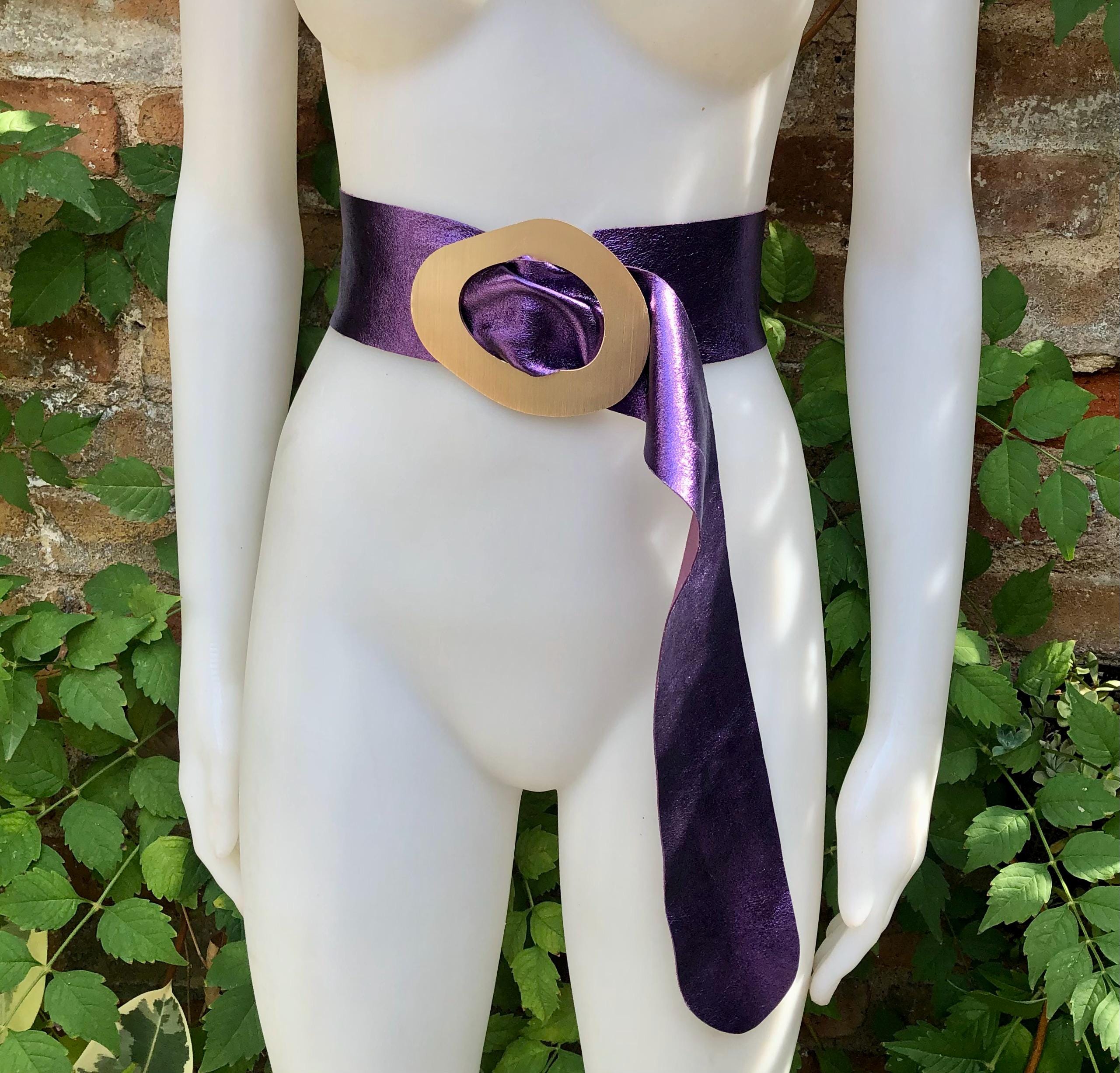 PURPLE Metallic Leather Waist Belt With Gold Color Large  display picture 2