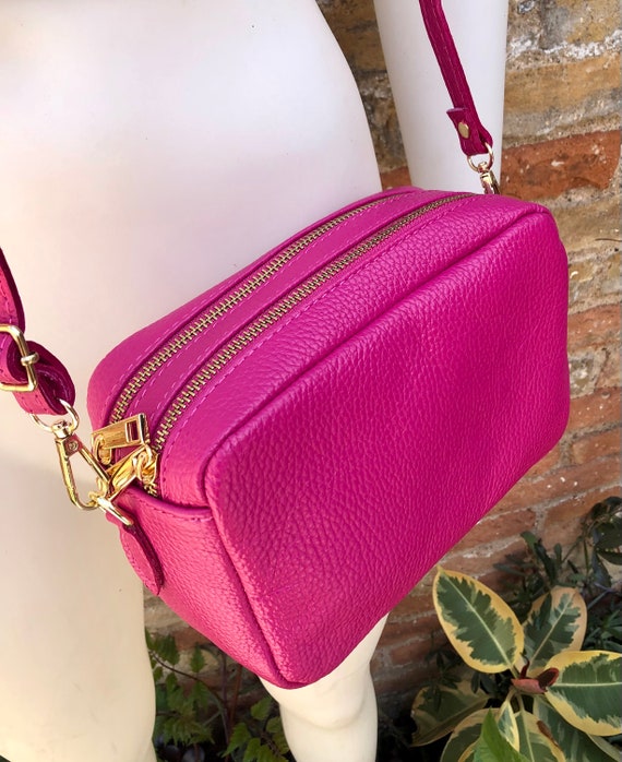 Small Leather Bag in Fuchsia Pink. Cross Body Bag, Shoulder Bag in GENUINE  Leather. Hot Pink Purse. Adjustable Strap Zippers. Gold Accents 