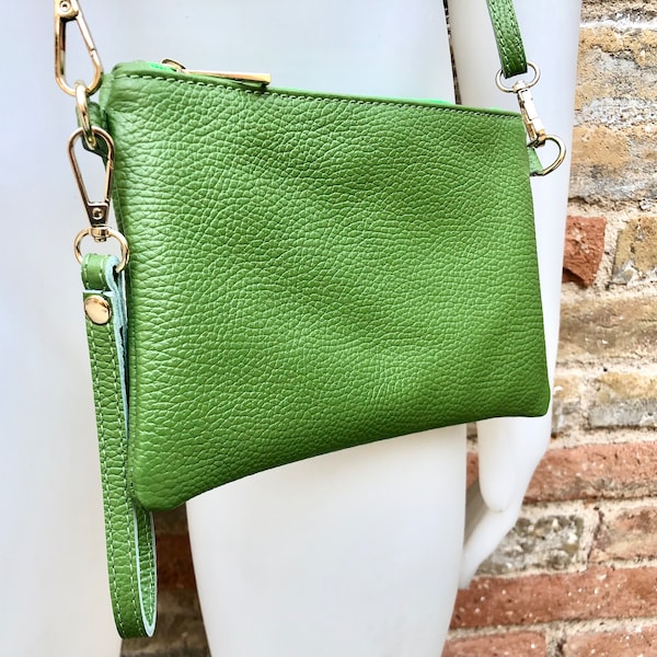 Small leather bag in green. GENUINE leather crossbody / shoulder bag . GREEN leather bag with adjustable strap. Small GREEN leather purse