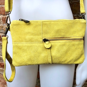 Small YELLOW suede bag. Cross body or shoulder bag in GENUINE suede  leather with adjustable strap and zipper. Boho yellow suede purse.