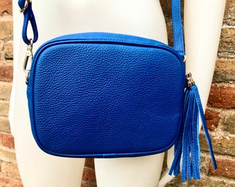 COBALT BLUE small leather bag . Cross body / shoulder bag in GENUINE  leather. Royal blue leather purse. Tassel on the zipper . Gold accents