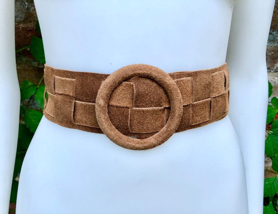 Suede Belt with Curved Gold Buckle - Caramel