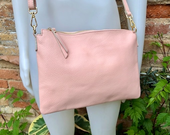 Light pink leather bag. GENUINE  leather cross body / shoulder bag. Light pink purse with adjustable strap + zipper. Soft leather messenger