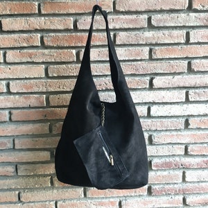 Slouch Bag.large TOTE Leather Bag in BLACK. Soft Natural Suede Genuine ...