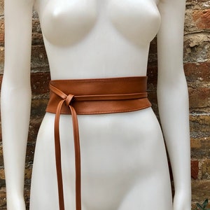 Obi belt in soft leather. Wrap belt in CAMEL BROWN. Waist belt in TOBACCO. Wraparound belt in brown genuine leather. Boho tan wide belt. image 3