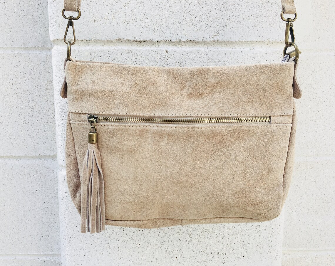 Suede Leather Bag In BEIGE With Tassel Cross Body Bag In Natural 