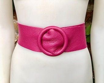 HOT PINK Leather Waist Belt With Large Round Buckle. Fuchsia Leather Belt.  Genuine Leather Wide Pink Belt. PINK Dress / Overall Belt. - Etsy Israel