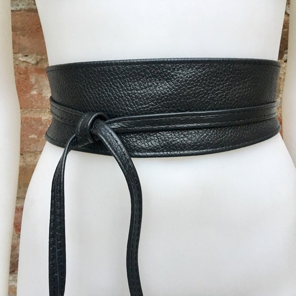 Obi belt in soft leather. Wrap belt in BLACK. Waist belt in BLACK.  Wraparound belt in black genuine leather. Boho black waist cinch belt.
