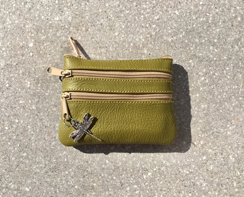Light GREEN color leather wallet. Genuine leather Small purse in MOSS green coins bills Fits credit cards 3 zippers