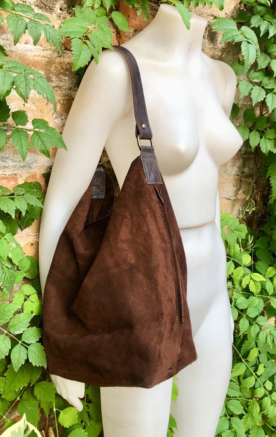 Slouch Leather Bag in Dark Brown. Brown Suede Hobo Shoulder