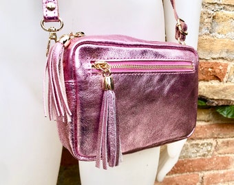 Small light pink leather bag. GENUINE leather shoulder / cross body bag. Pink metallic leather purse. Tassels, adjustable strap + zipper