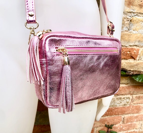 Small Light Pink Leather Bag. GENUINE Leather Shoulder Cross Body Bag. Pink Metallic Leather Purse. Tassels Adjustable Strap Zipper Etsy Ireland
