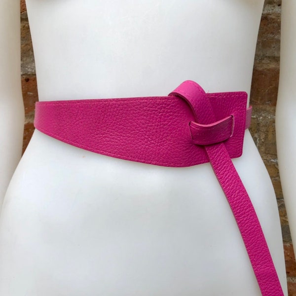 Obi belt in genuine leather.  HOT PINK Wrap belt. Waist belt in FUCHSIA. Pink  wraparound belt. Genuine leather magenta 80s style dress belt