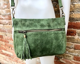 GREEN suede messenger bag: 1 GUITAR strap + 1 brown strap. Soft genuine  leather crossbody / shoulder bag .for books, tablets. Green shopper.