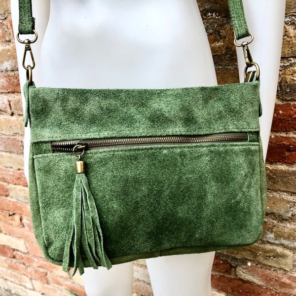 BOHO  suede leather bag in GREEN. Cross body  bag, leather bag, boho bag, messenger suede bag. Soft natural leather bag with tassel