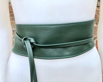 Dark green wrap belt in soft leather. LONGER option. Waist, dress or wraparound belt in dark green genuine leather. Boho green obi belt.