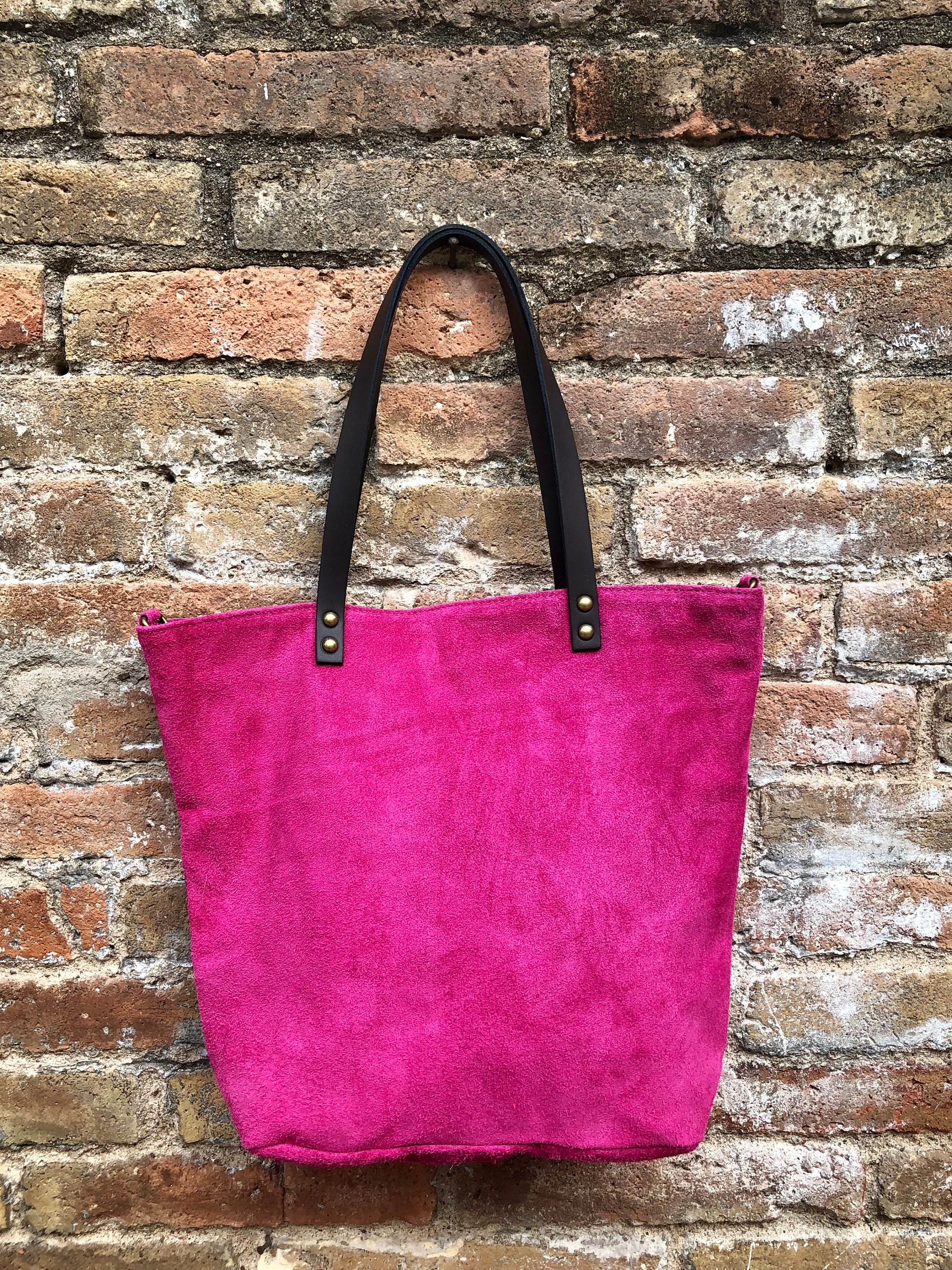 Tote Leather Bag in Fuchsia Pink. GENUINE Metallic Leather 